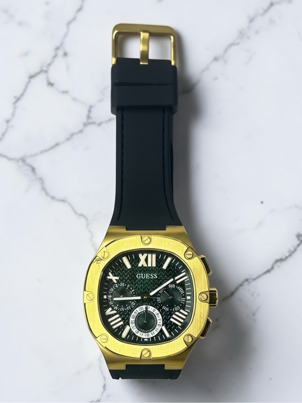GUESS Gold Tone Case with Green Dial and Black Strap Watch